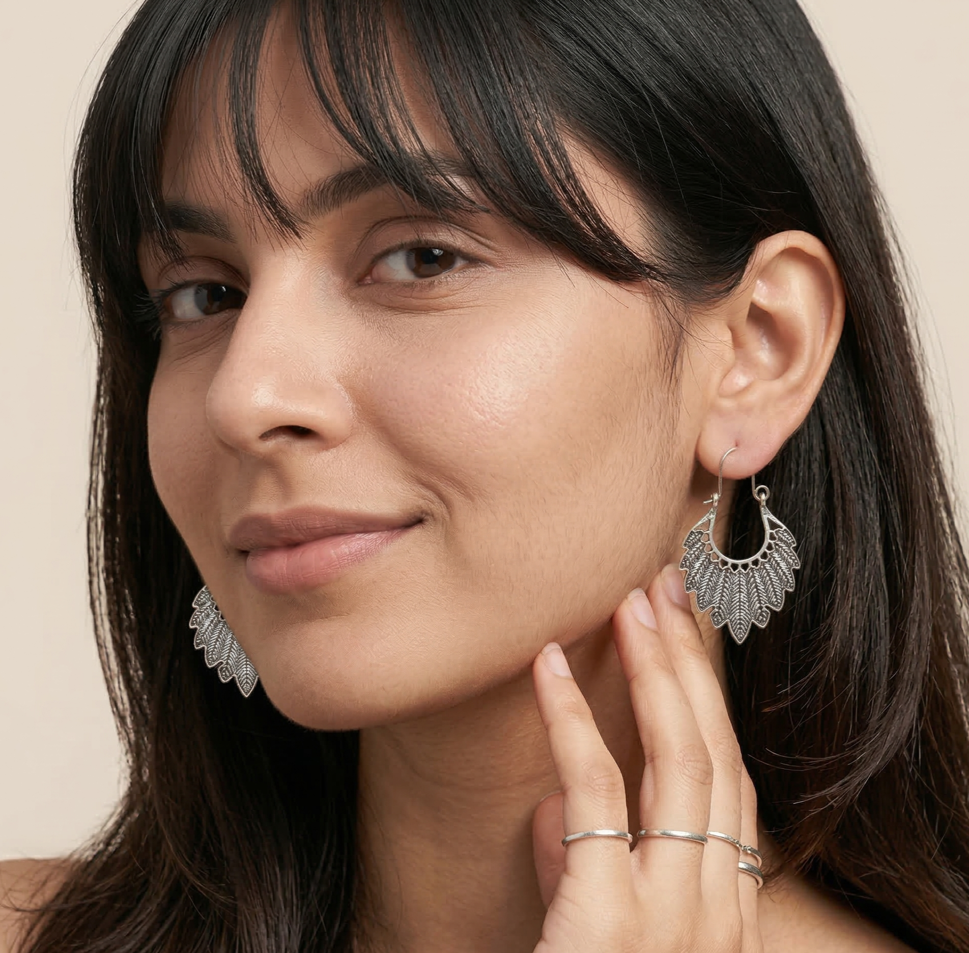 Bohemian Leaf Hoop Earrings Silver Tone Alloy