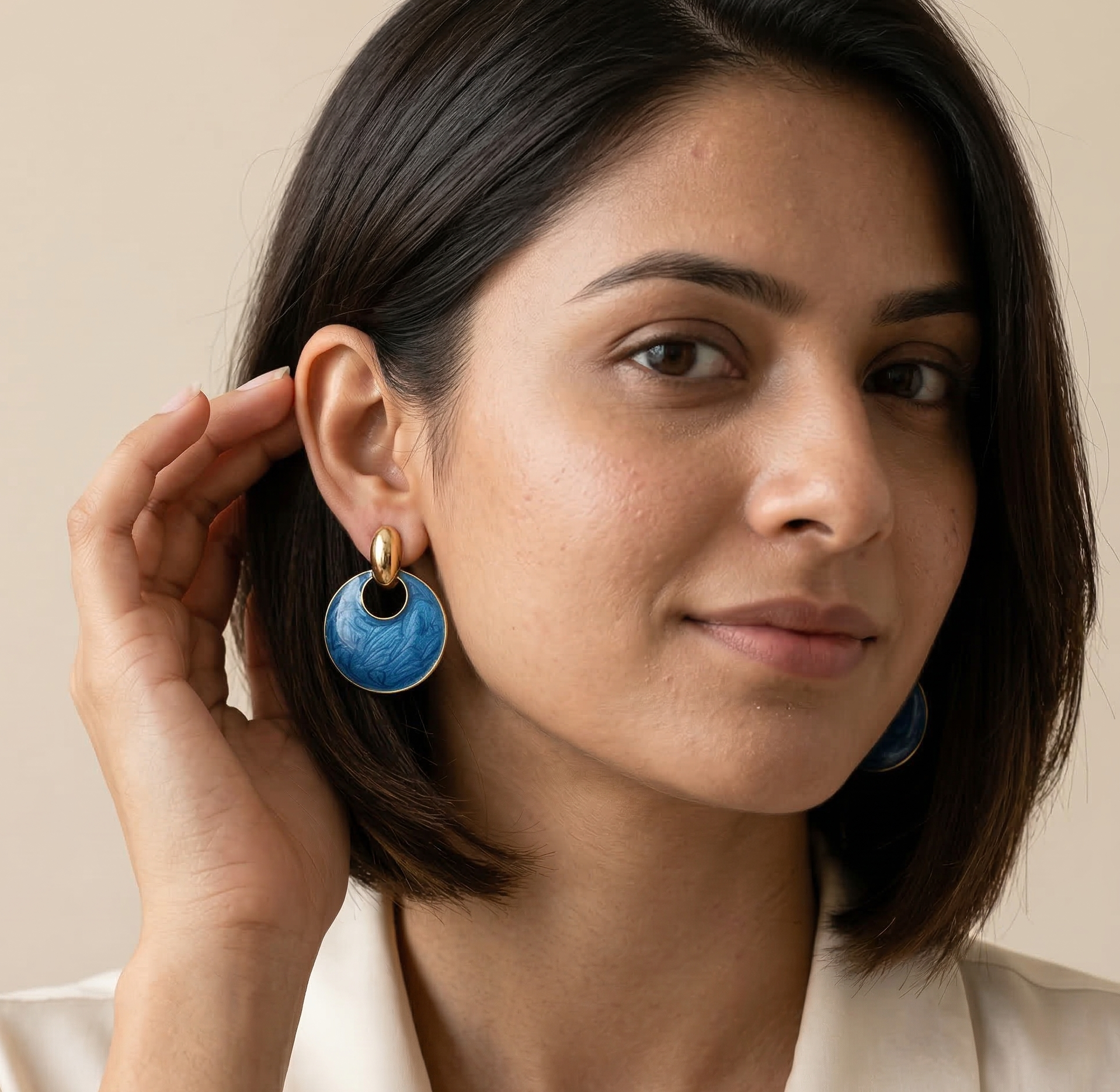 Blue Marbled Disc Drop Earrings Gold Tone Studs