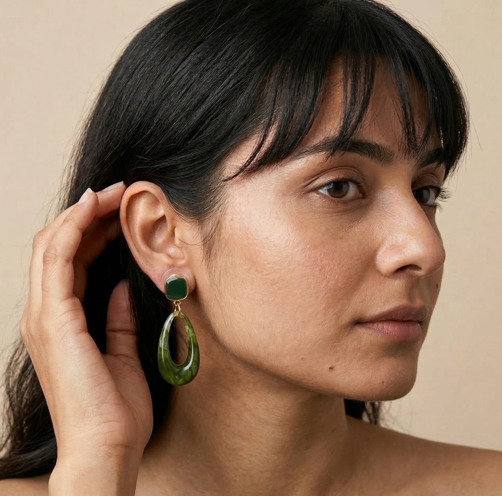 Olive Green Resin Open Teardrop Drop Earrings Gold Tone Detail