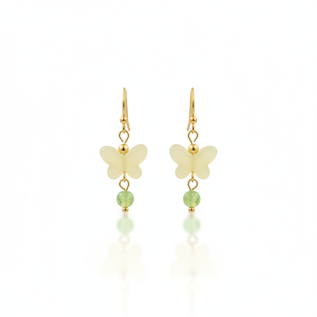 Butterfly Bead Drop Earrings for Women in Jade Green and Gold Tone
