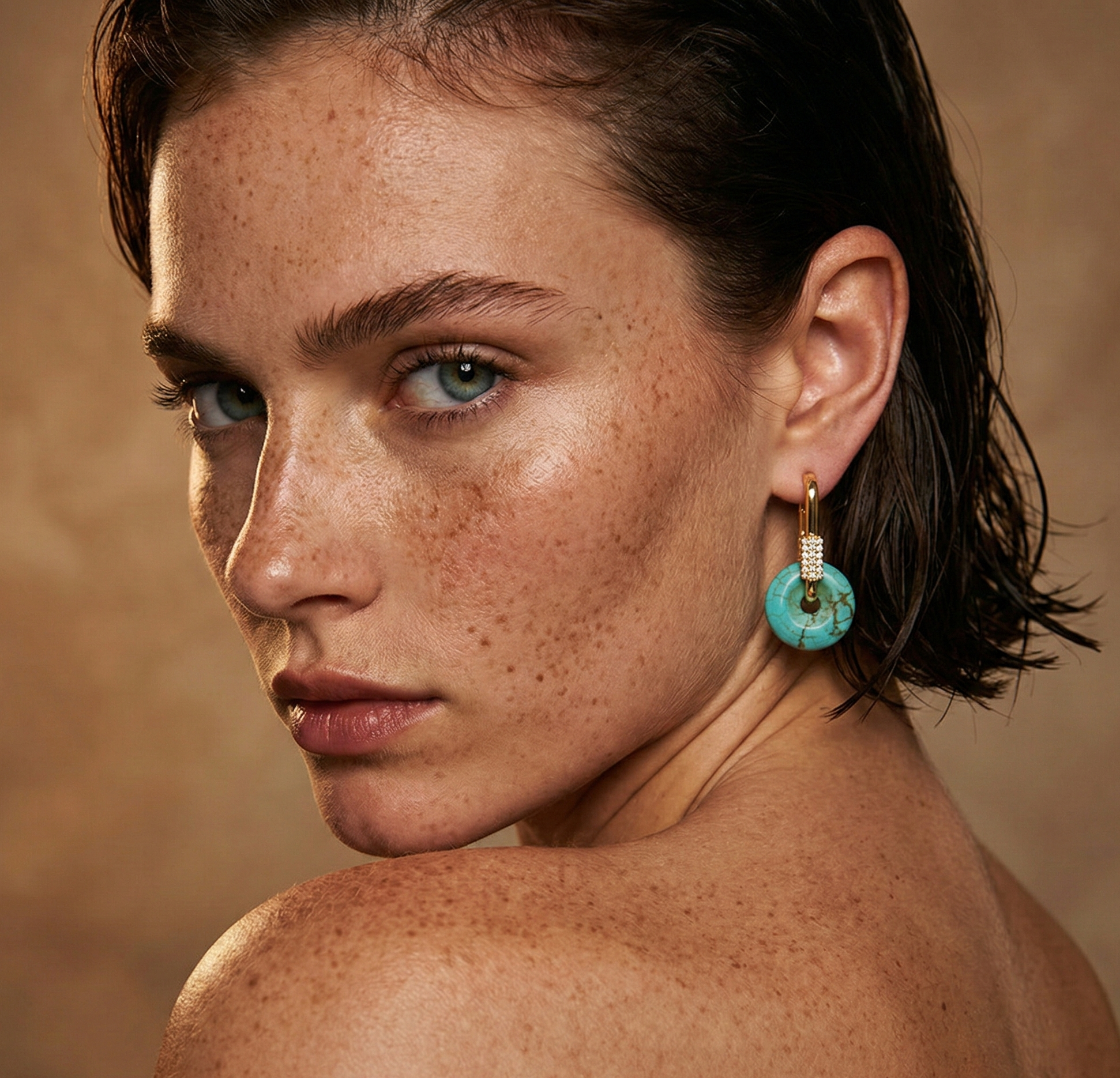 Turquoise Hoop Earrings Gold Tone Stainless Steel