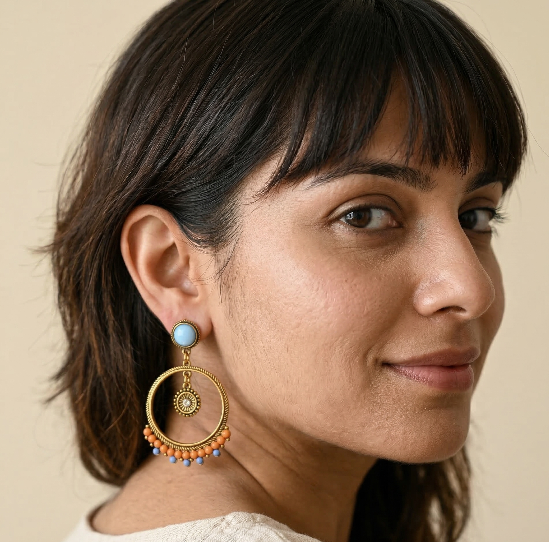 Bohemian Beaded Hoop Drop Earrings Gold Tone Alloy