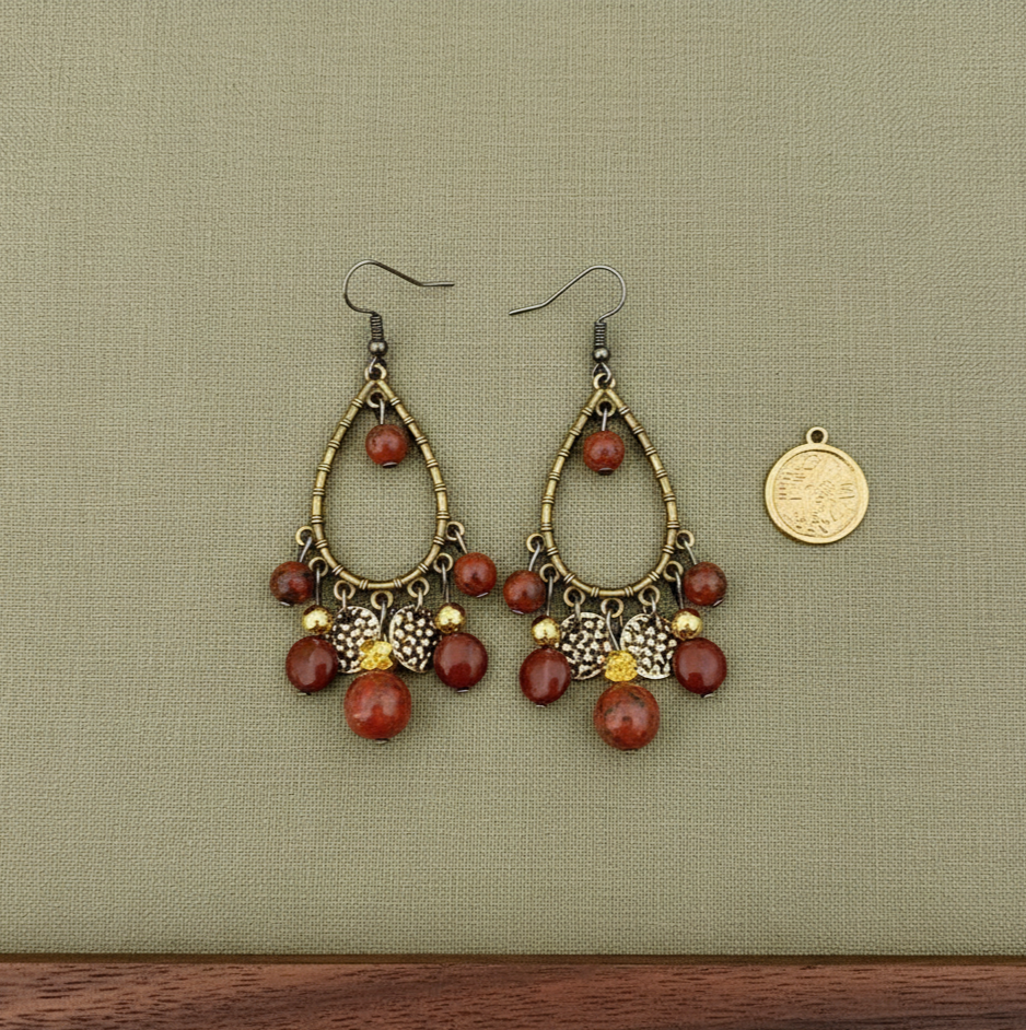 Vintage Red Beaded Teardrop Earrings Antique Gold Tone