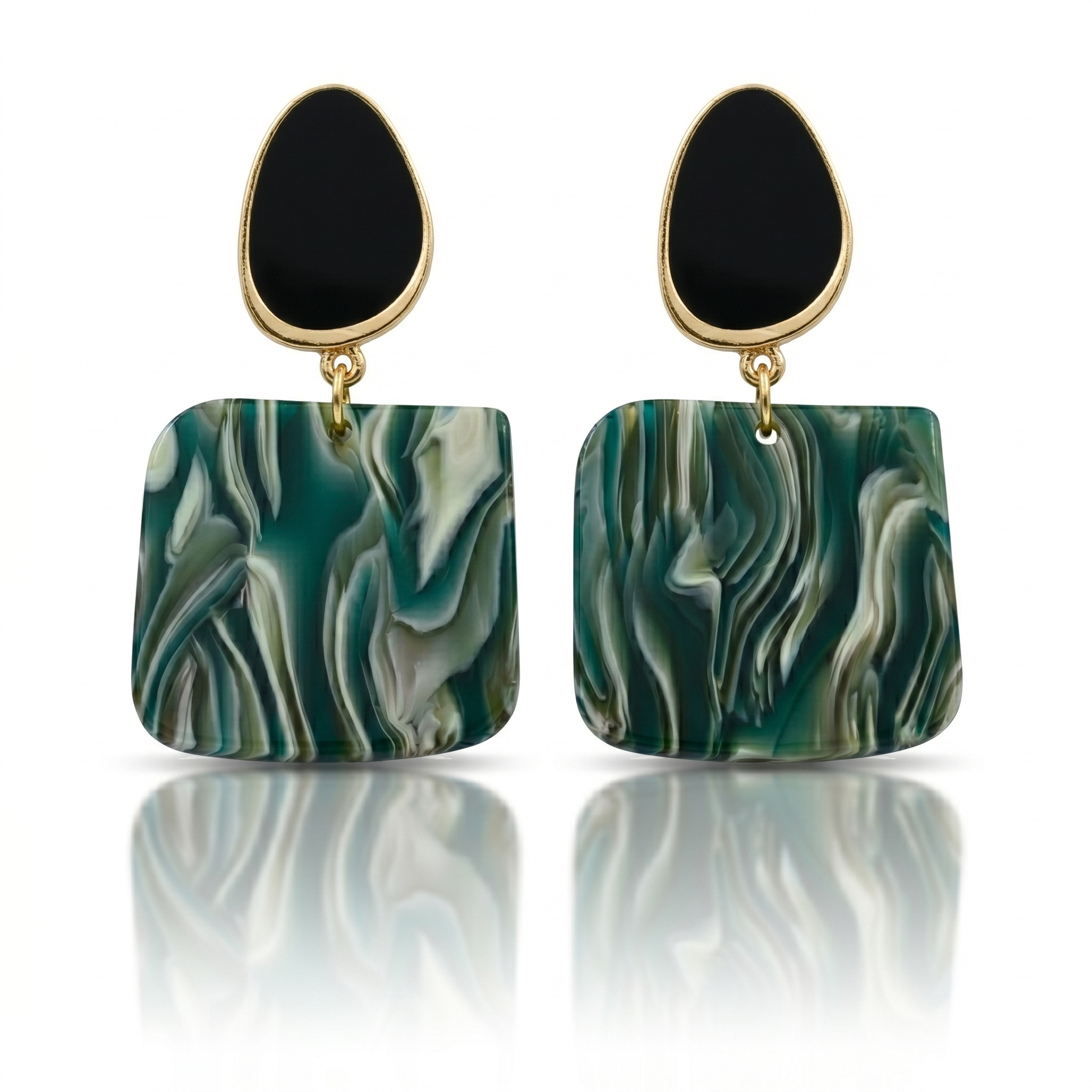 Green Marble Resin Drop Earrings Gold Tone Detail