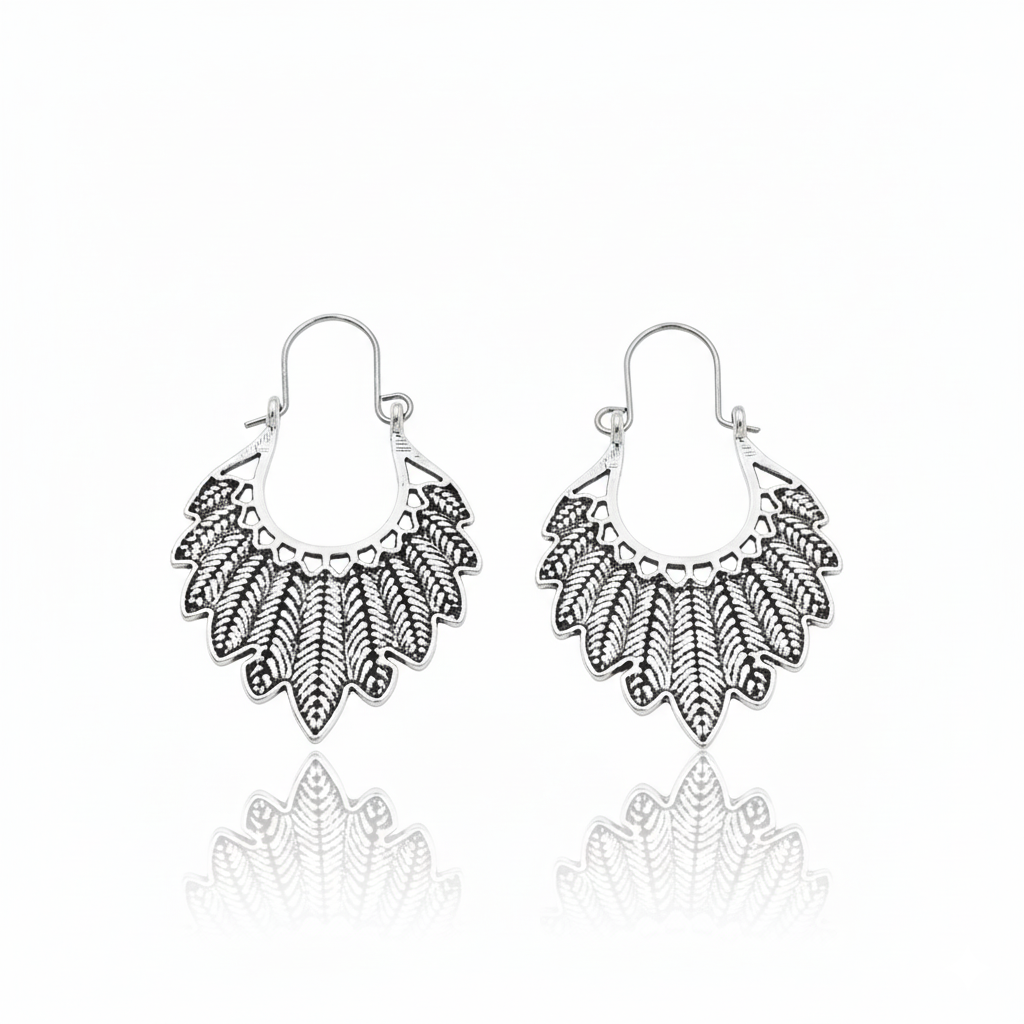 Bohemian Leaf Hoop Earrings Silver Tone Alloy