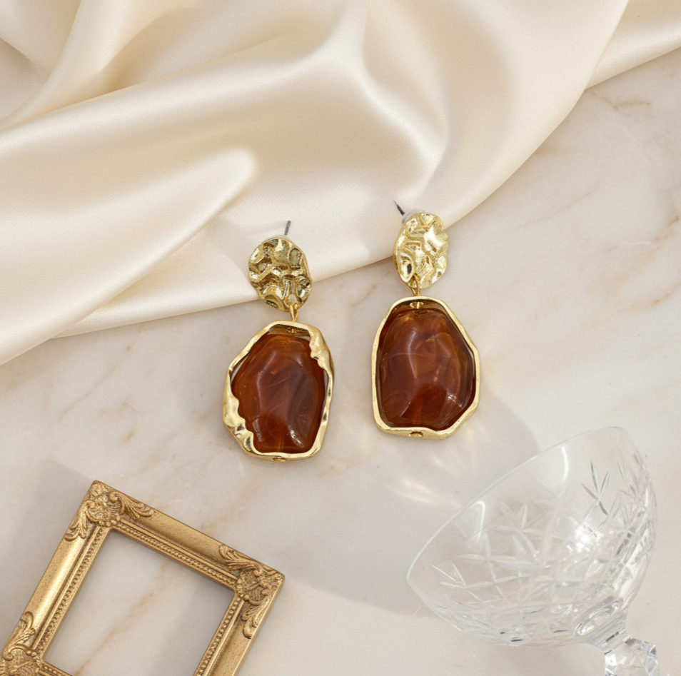 Amber Resin Statement Drop Earrings with Textured Gold Tone Studs