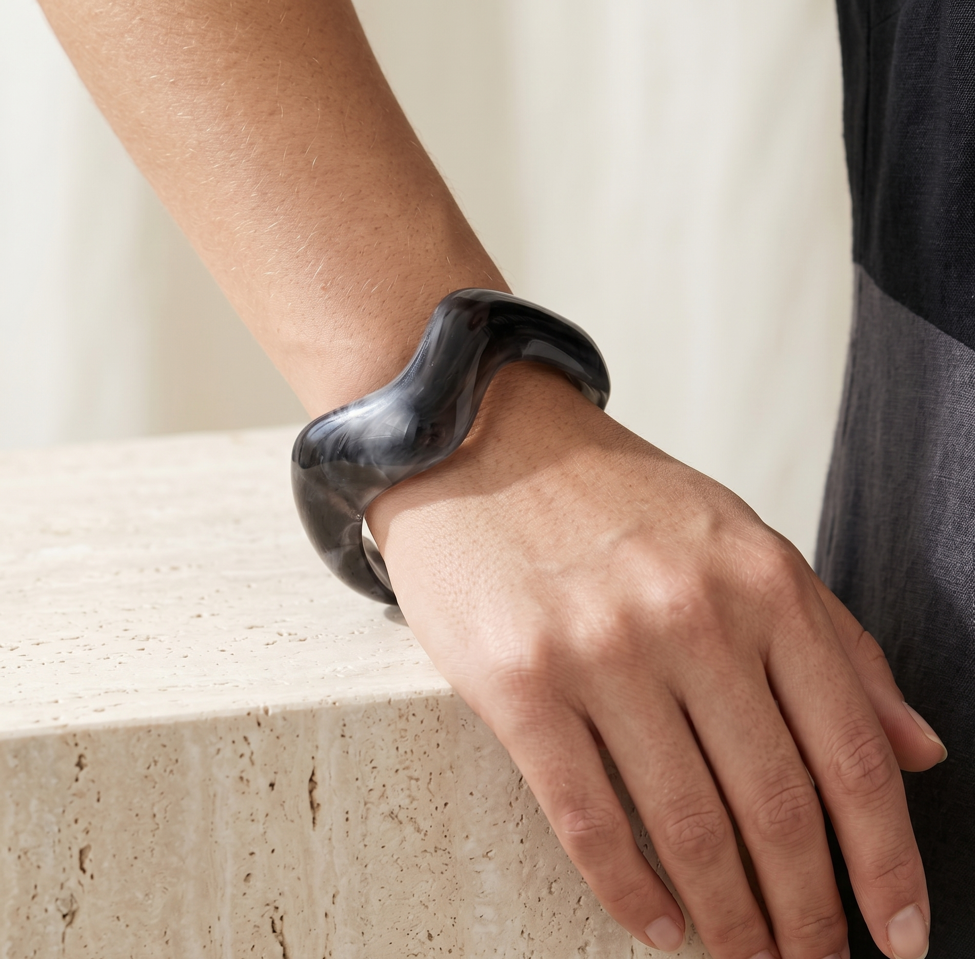 Black Marble Open Wave Resin Cuff Bracelet for Women