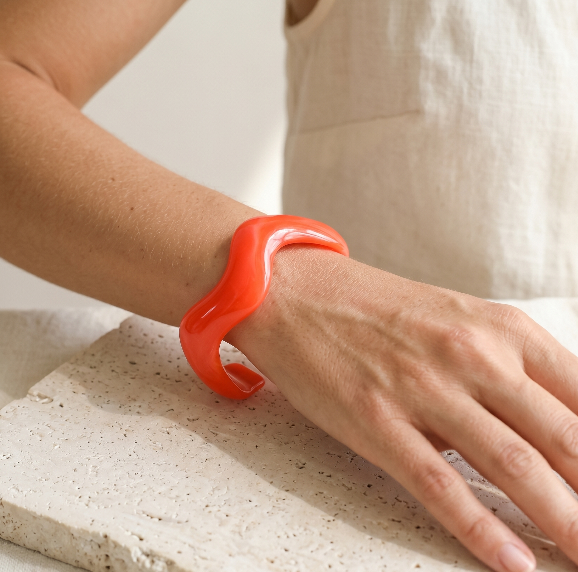 Orange Irregular Wave Resin Open Cuff Bracelet for Women 