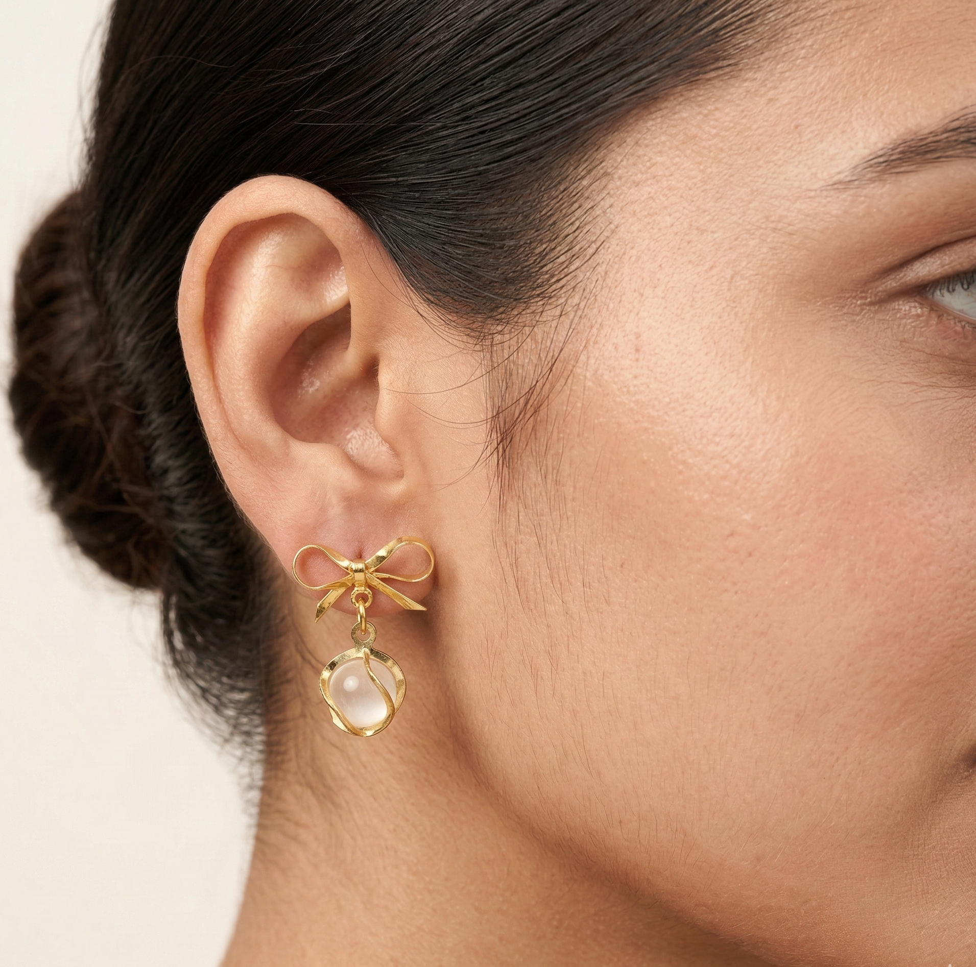 Gold Plated Bow Cat Eye Dangle Earrings