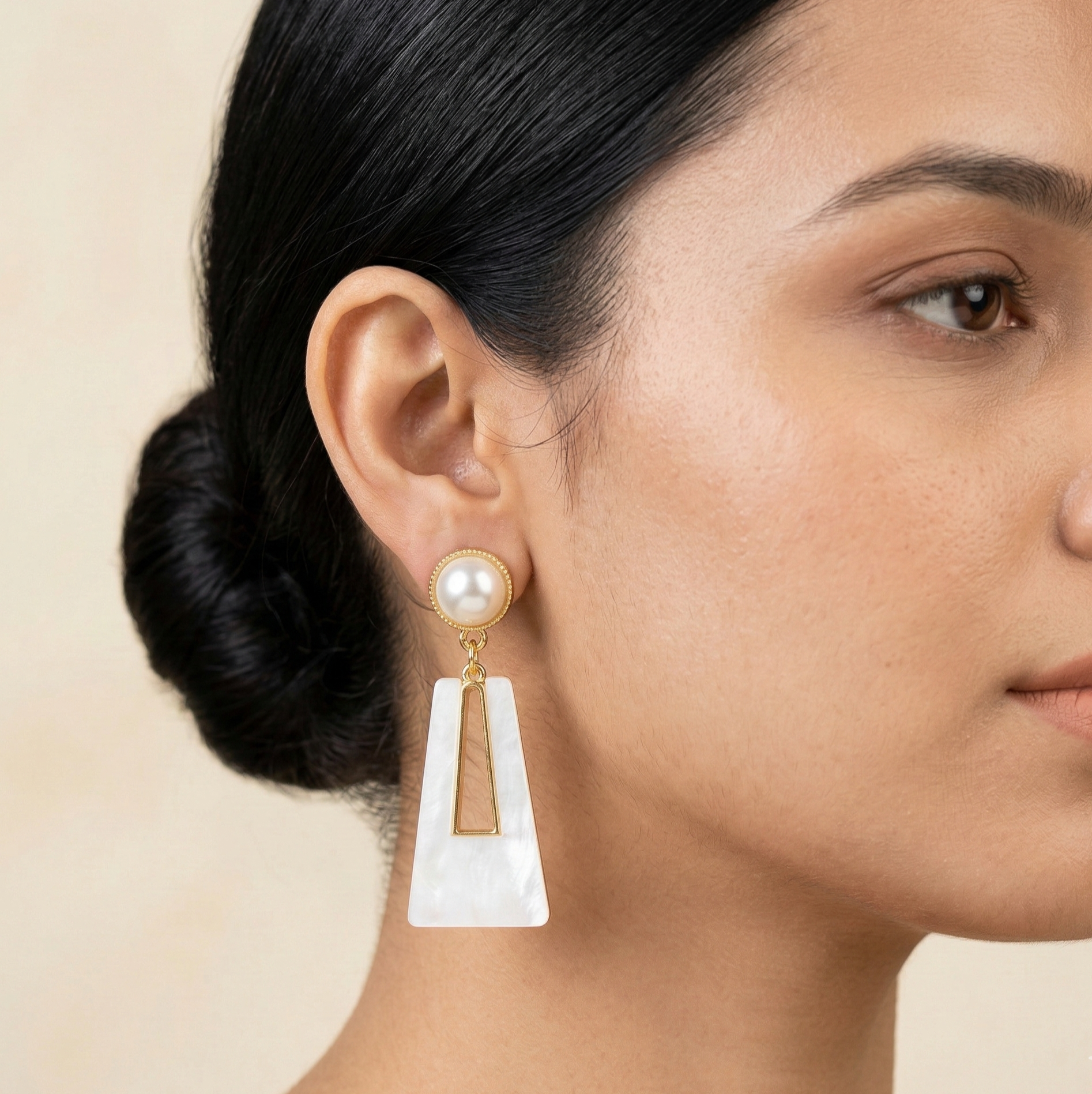 Pearl and White Geometric Drop Earrings Gold Tone Detail