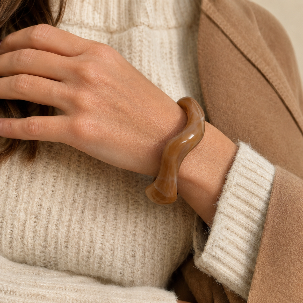 Caramel Marble Open Wave Resin Cuff Bracelet for Women