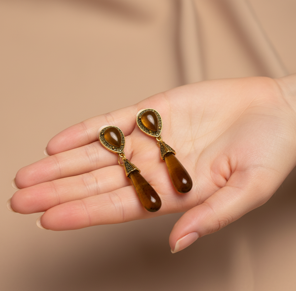Tiger Eye Style Water Drop Dangle Earrings Gold Tone Studs