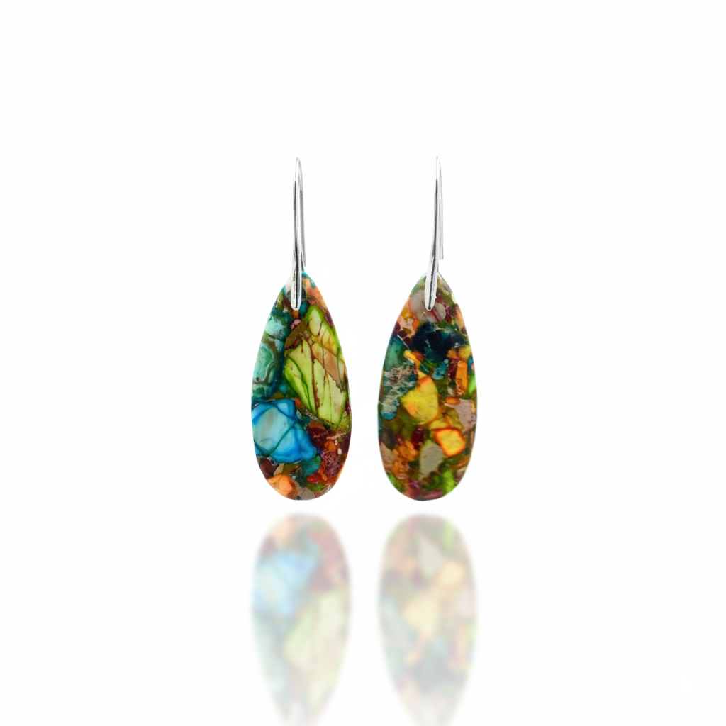 Imperial Jasper Teardrop Earrings Silver Tone Drop
