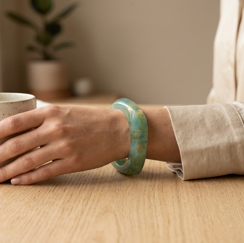 Green Marble Resin Square Bangle Bracelet for Women