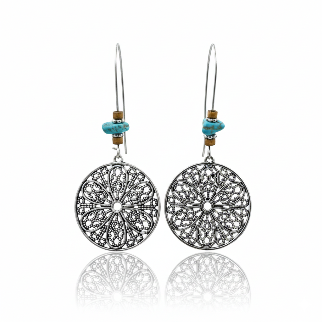 Bohemian Turquoise Flower Disc Earrings Silver Tone Alloy