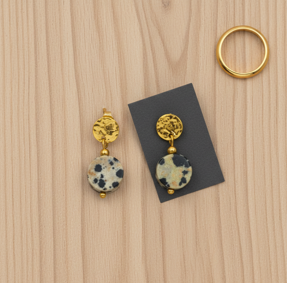 Dalmatian Jasper Drop Earrings Gold Tone Metal