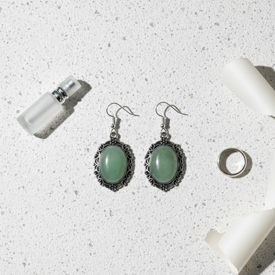 Green East Mausoleum Dangle Earrings Silver Tone Hook Earrings