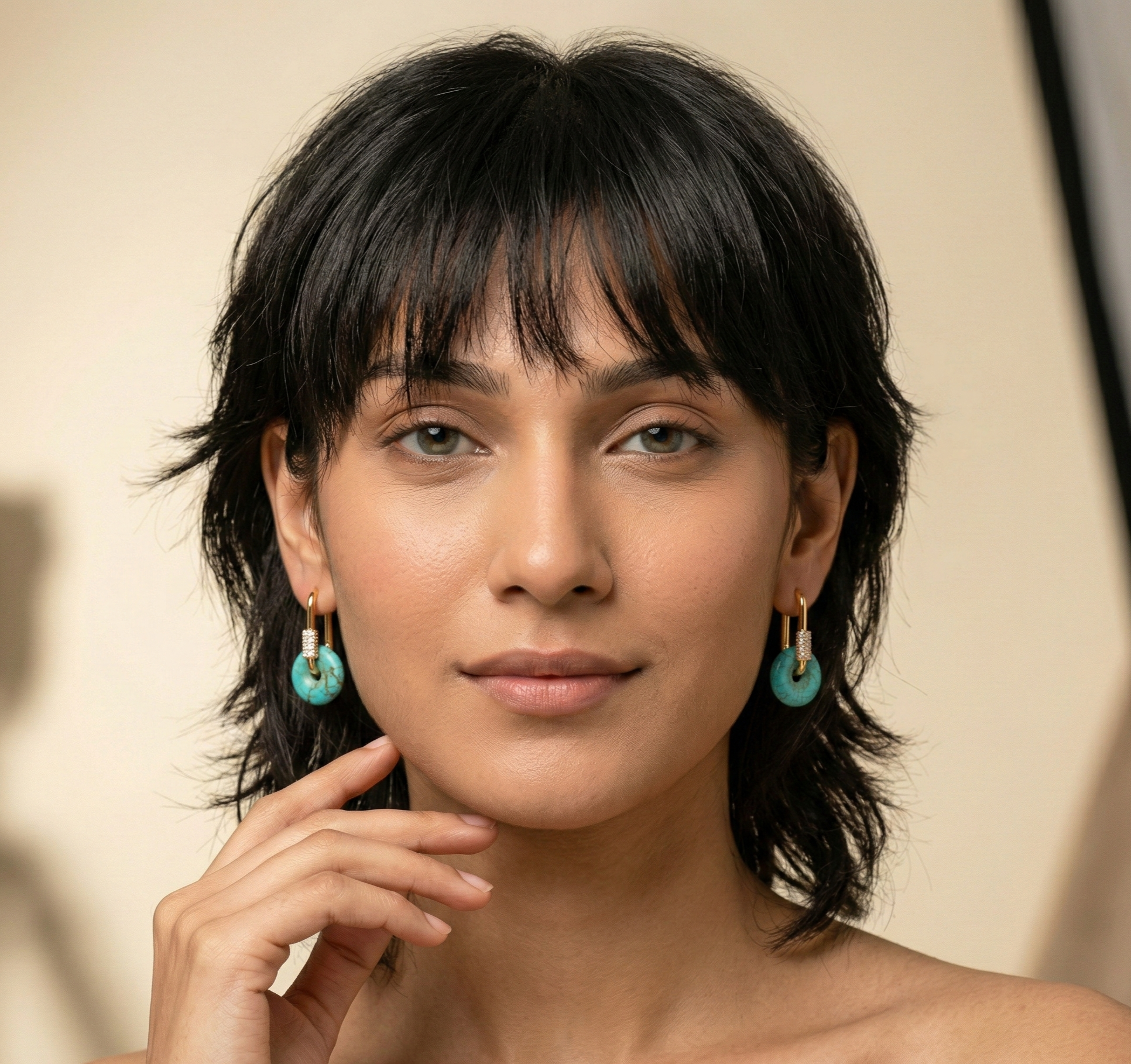 Turquoise Hoop Earrings Gold Tone Stainless Steel