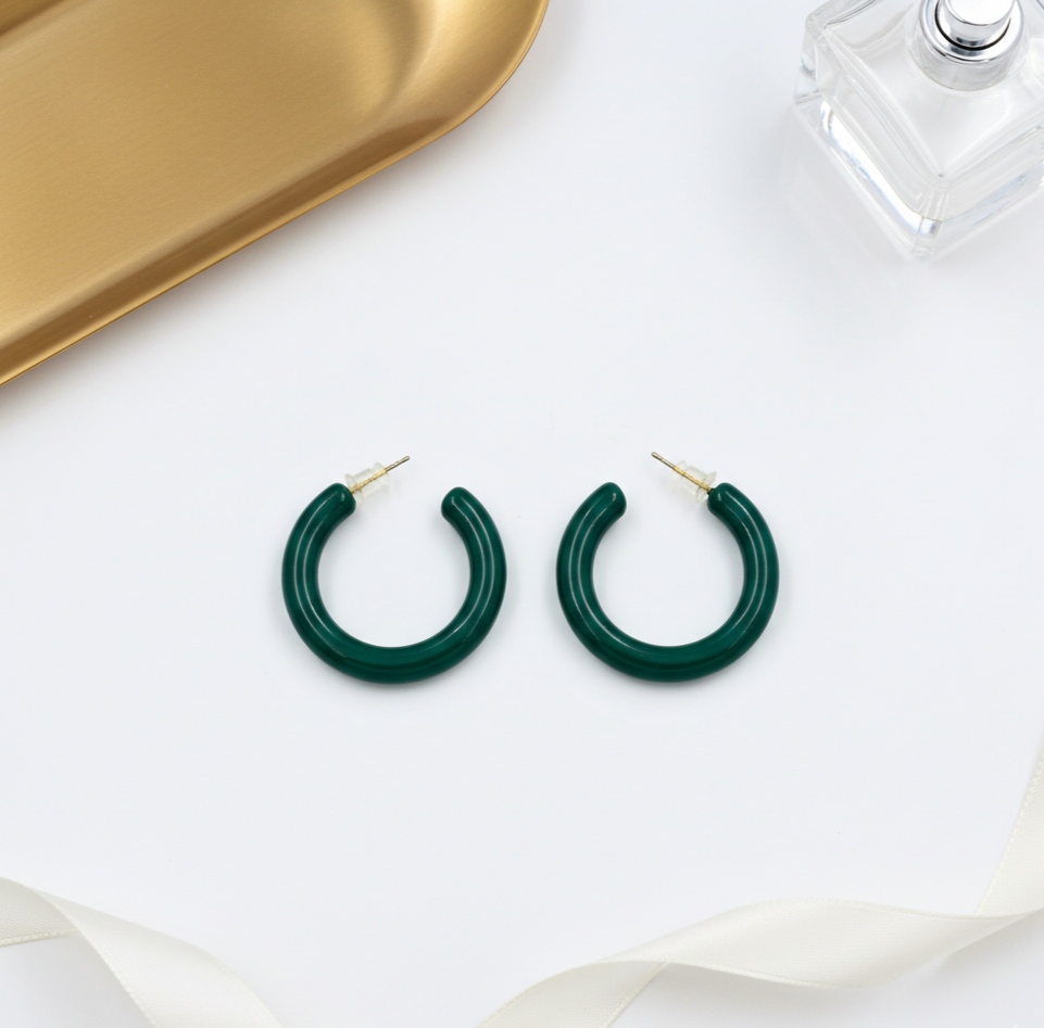 Deep Green Resin C Hoop Earrings