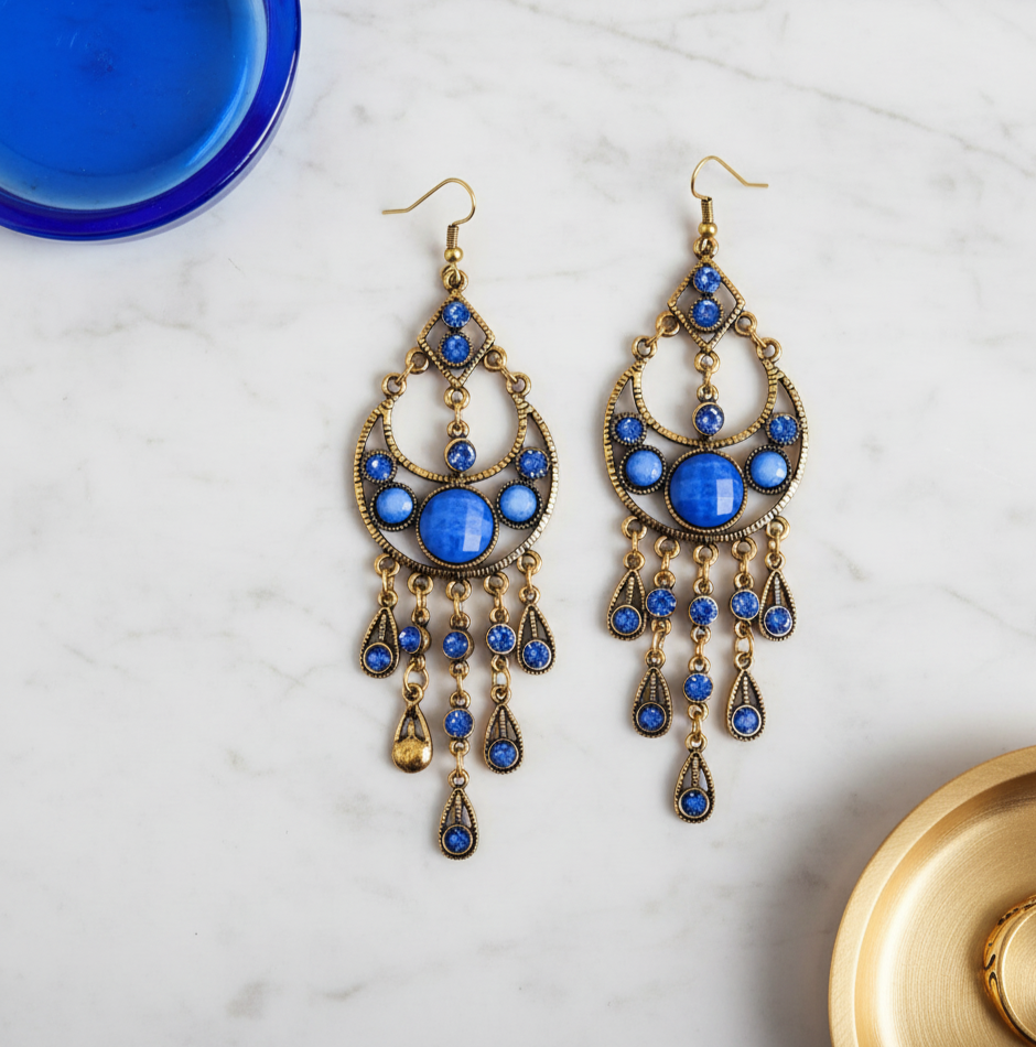 Bohemian Blue Stone Tassel Earrings Gold Tone Alloy