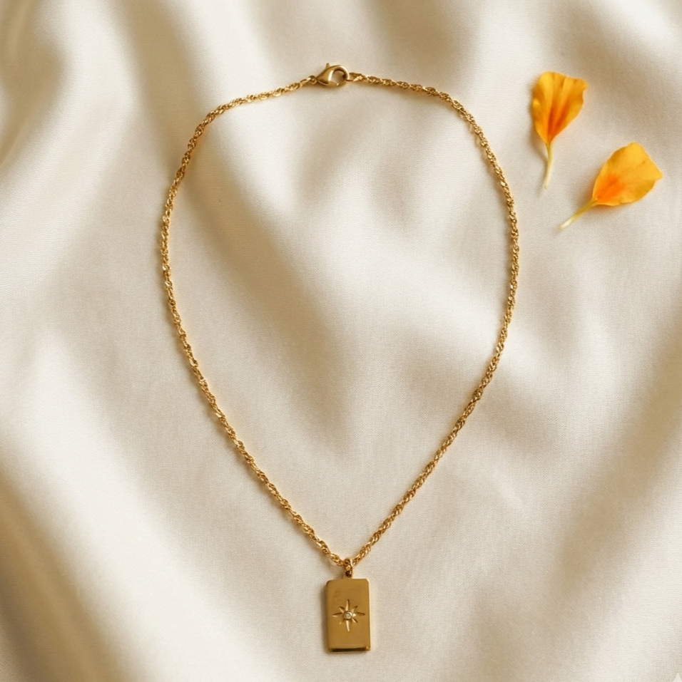 18K Gold Starburst Pendant Necklace for Women – Rectangle Pendant Chain