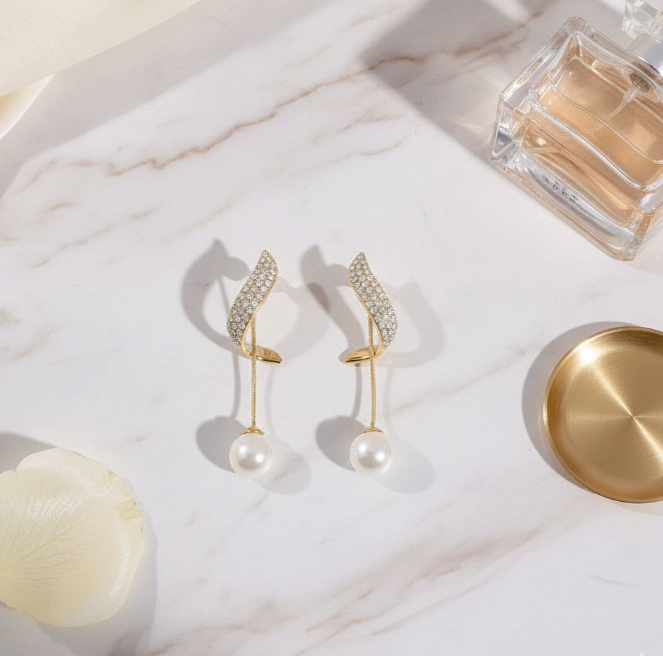 Gold Tone Crystal Pearl Drop Earrings for Women