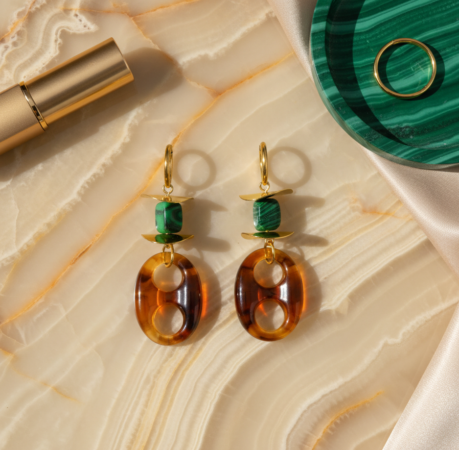Turquoise Resin Dangle Earrings Gold Tone Stainless Steel