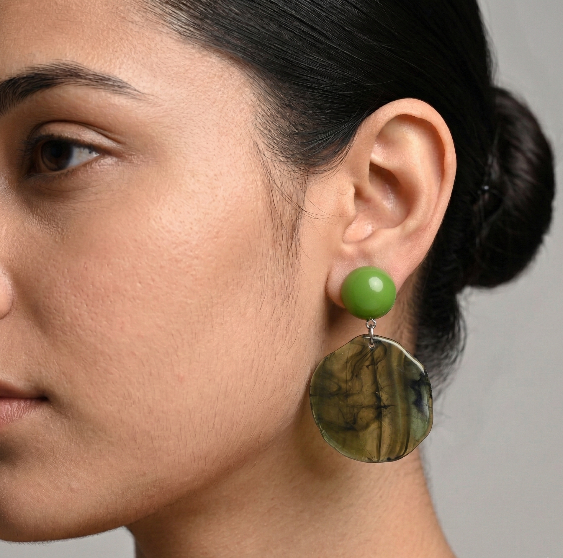 Translucent Green Disc Drop Earrings Silver Tone Detail