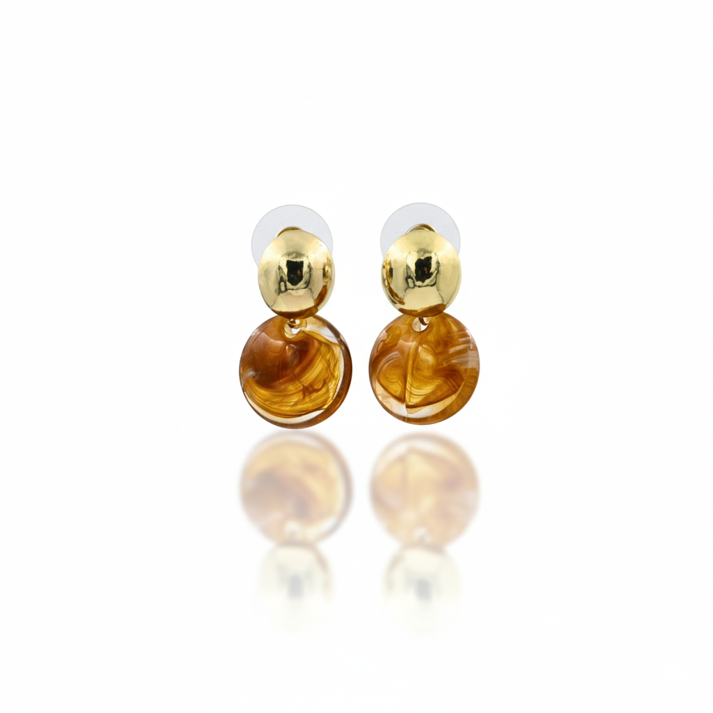 Amber Resin Disc Drop Earrings Gold Tone Studs
