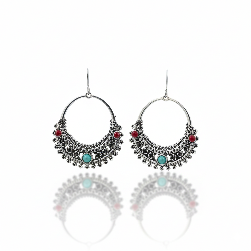 Bohemian Turquoise and Red Hoop Earrings Silver Tone Alloy