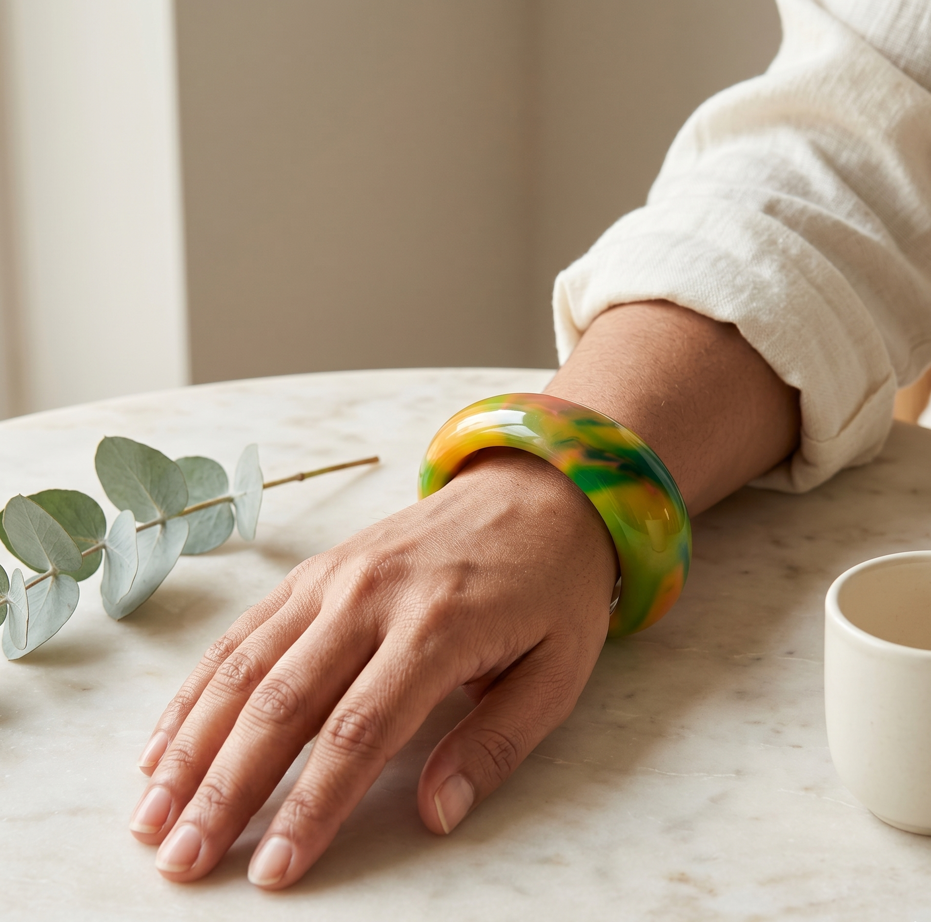 Yellow Green Marbled Resin Chunky Bangle Bracelet for Women