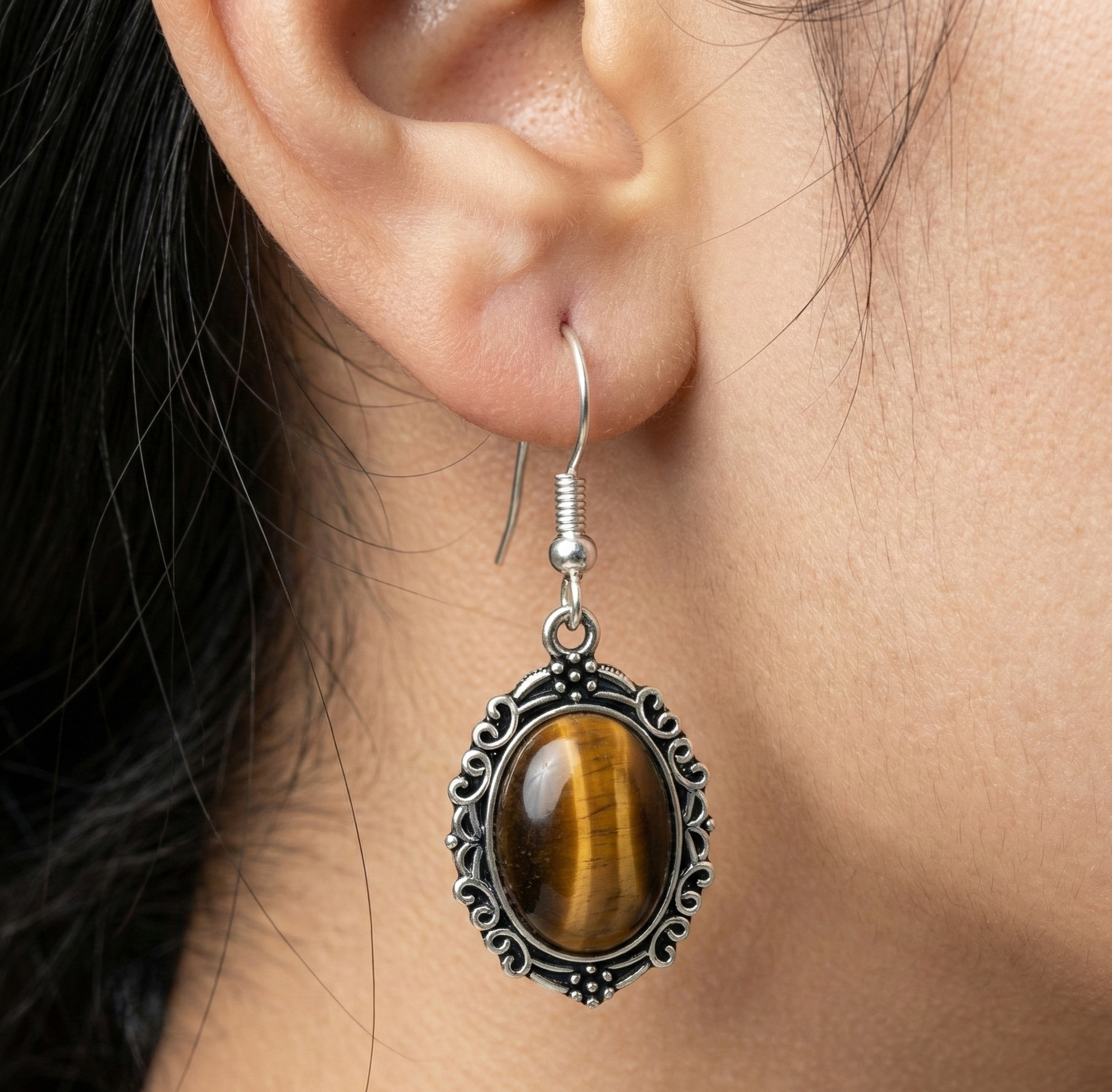 Tiger’s Eye Dangle Earrings Silver Tone Hook Earrings