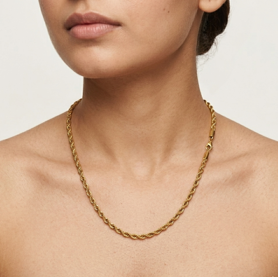 18K Gold Rope Chain Necklace for Women – Chunky Twisted Stainless Steel Chain