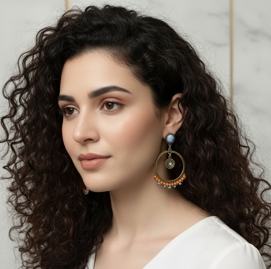 Bohemian Beaded Hoop Drop Earrings Gold Tone Alloy