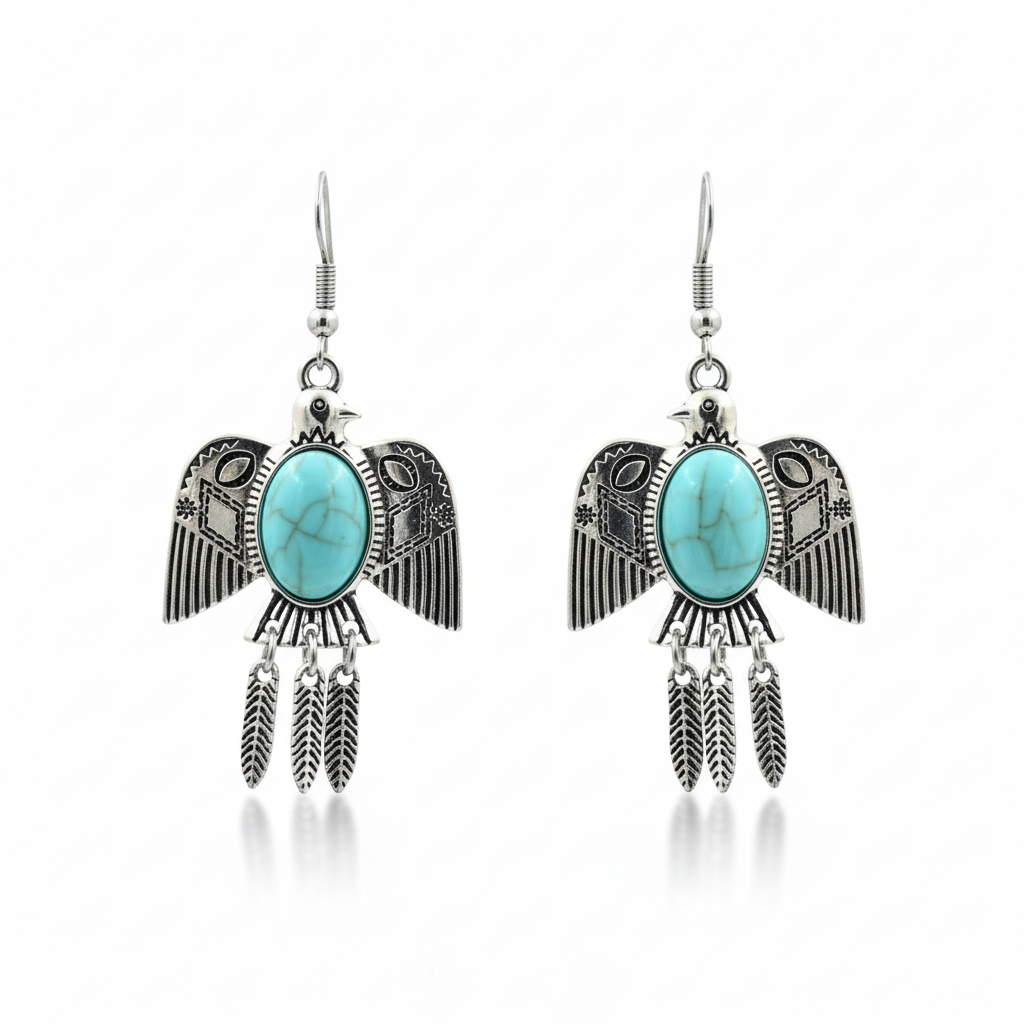 Bohemian Turquoise Bird Drop Earrings Silver Tone Alloy