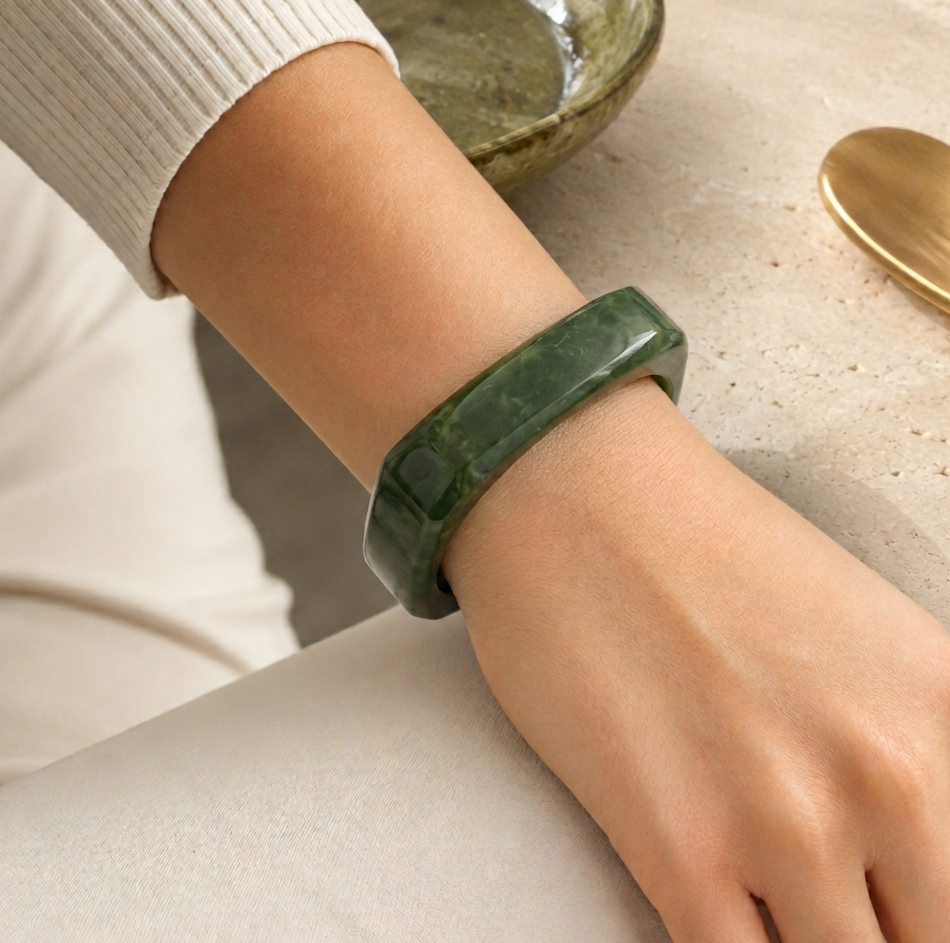 Dark Green Marbled Chunky Geometric Resin Bangle Bracelet for Women
