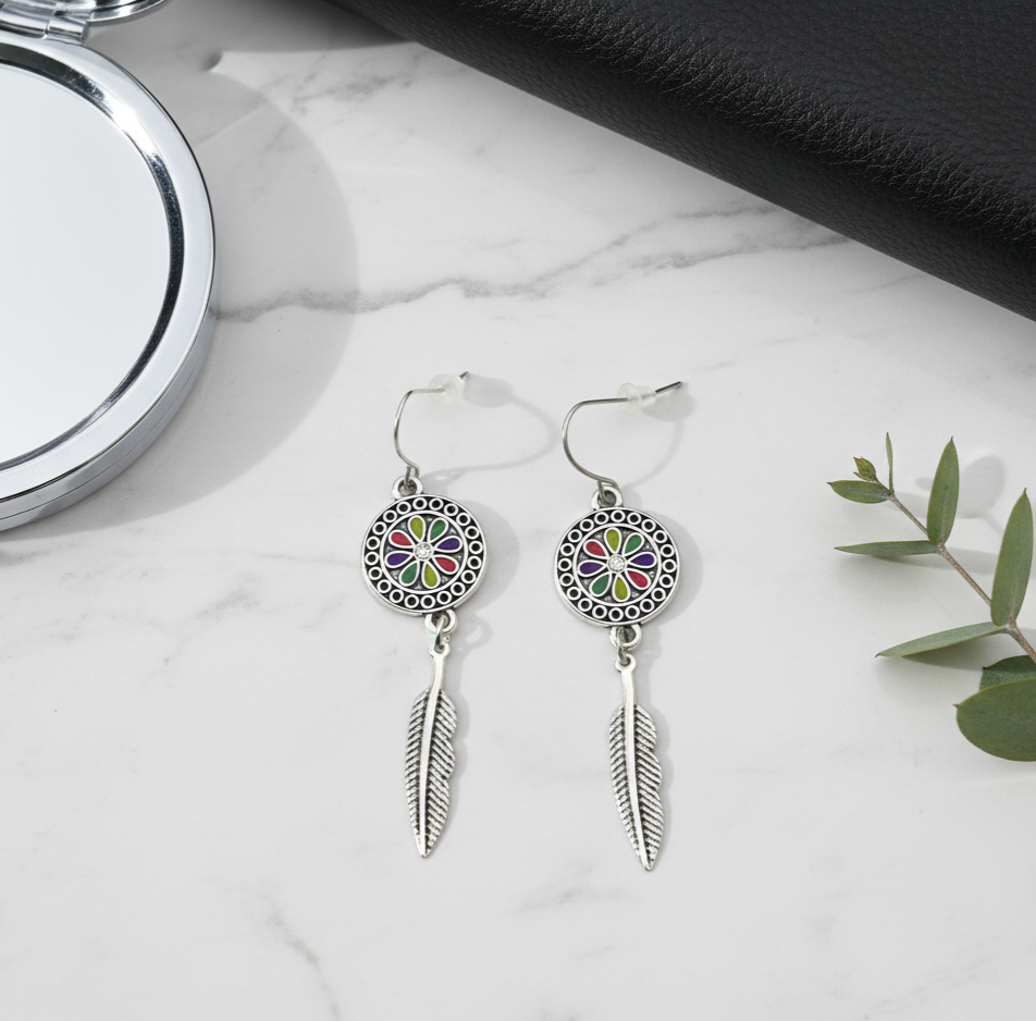 Bohemian Enamel Feather Drop Earrings Silver Tone Alloy