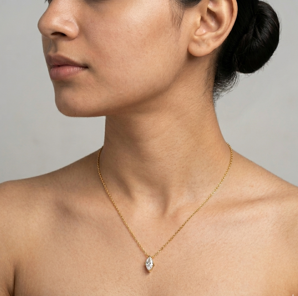 18K Gold Marquise Solitaire Necklace for Women – Dainty Pendant Chain