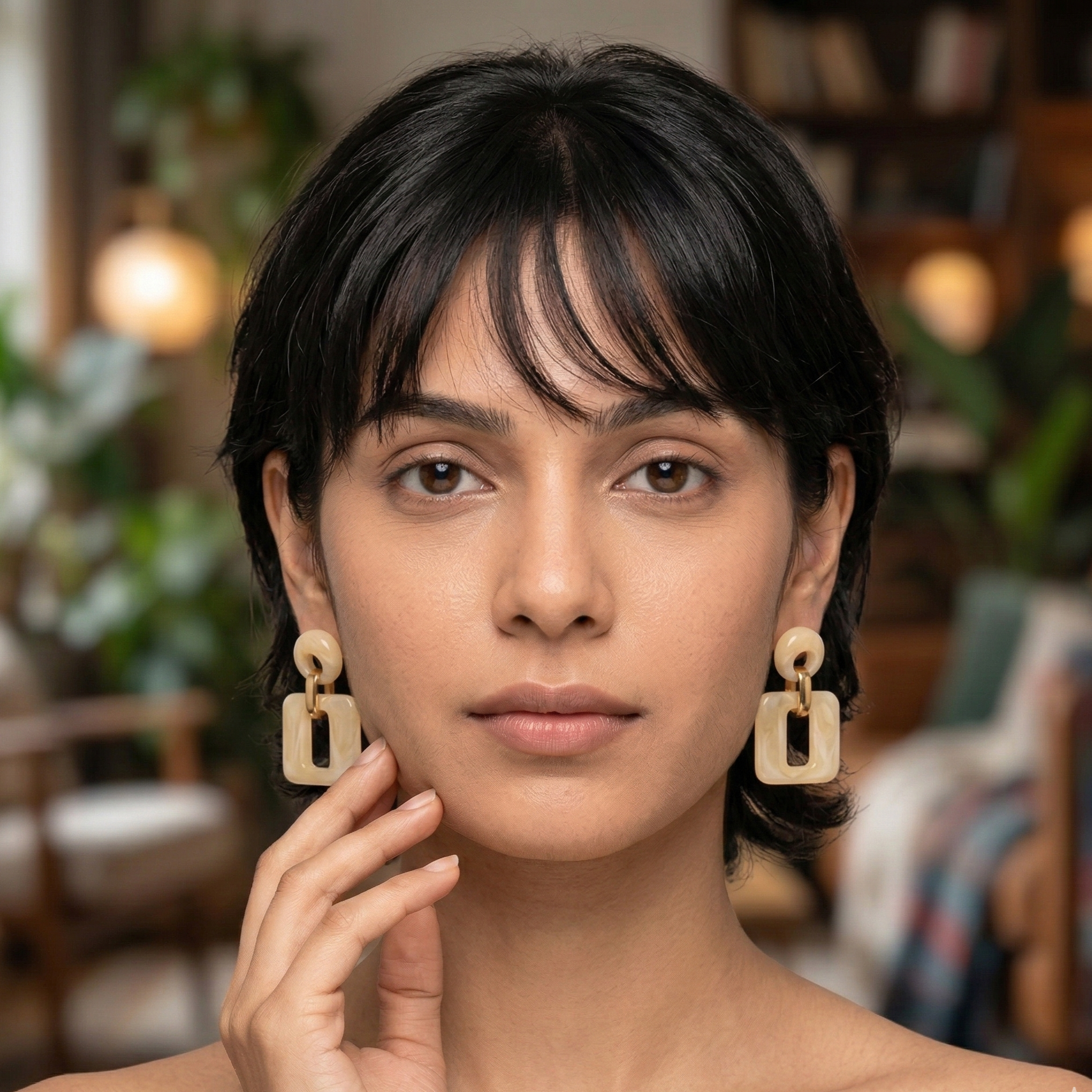 Cream Resin Open Square Drop Earrings Gold Tone Detail