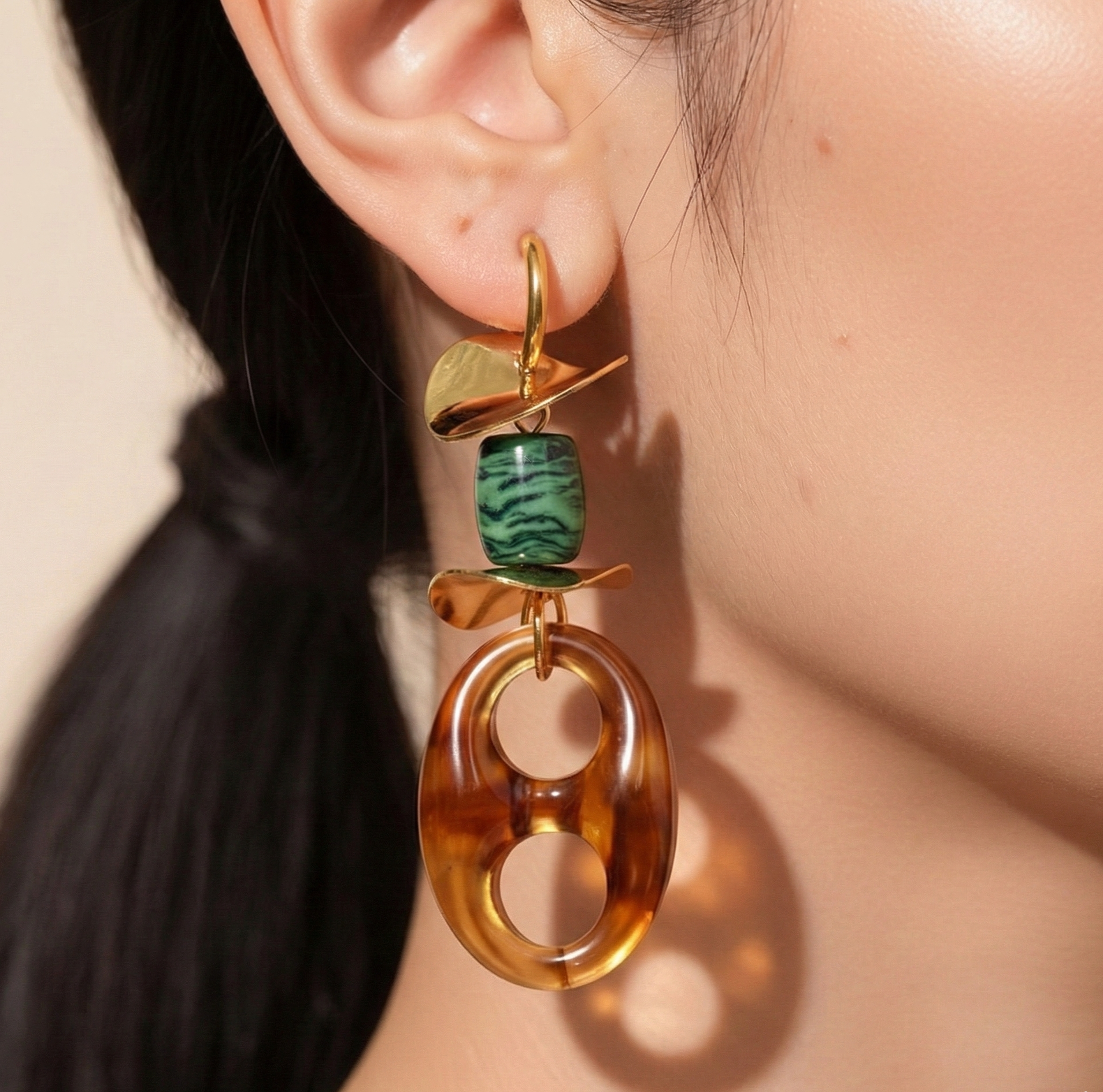 Gold Plated Resin Drop Earrings with Green Stone Bead and Stainless Steel