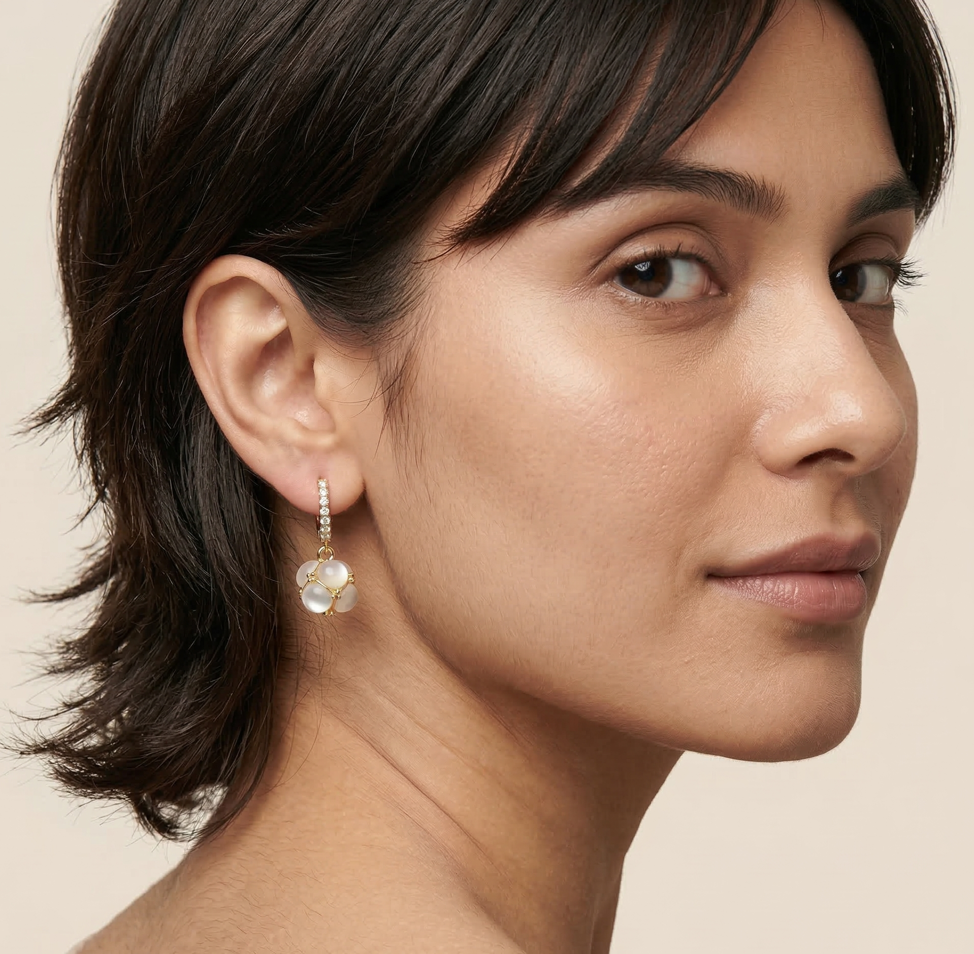 Cat Eye Stone Drop Earrings Gold Tone Crystal Hoop