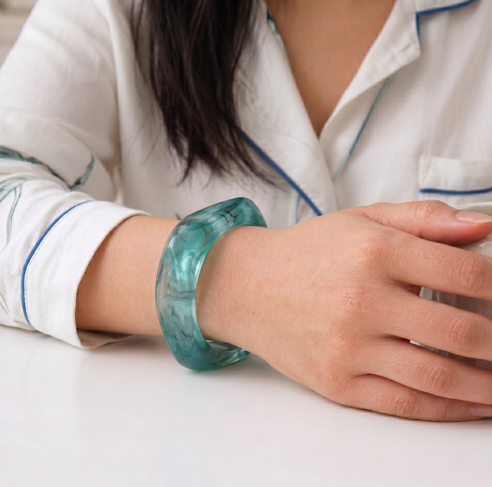 Sea Green Pearlescent Geometric Resin Bangle Bracelet for Women