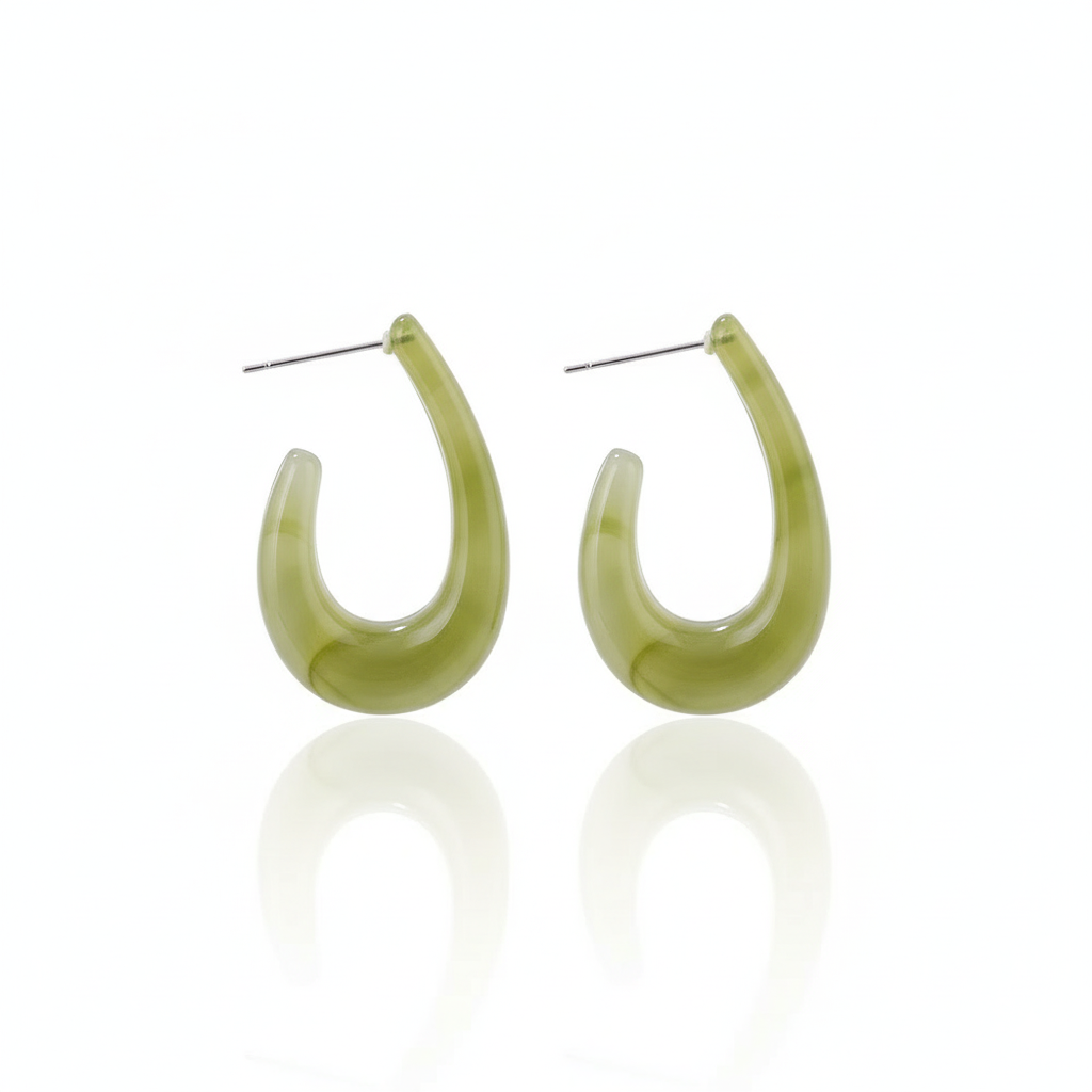 Olive Green Resin Open Hoop Earrings Stainless Steel Studs