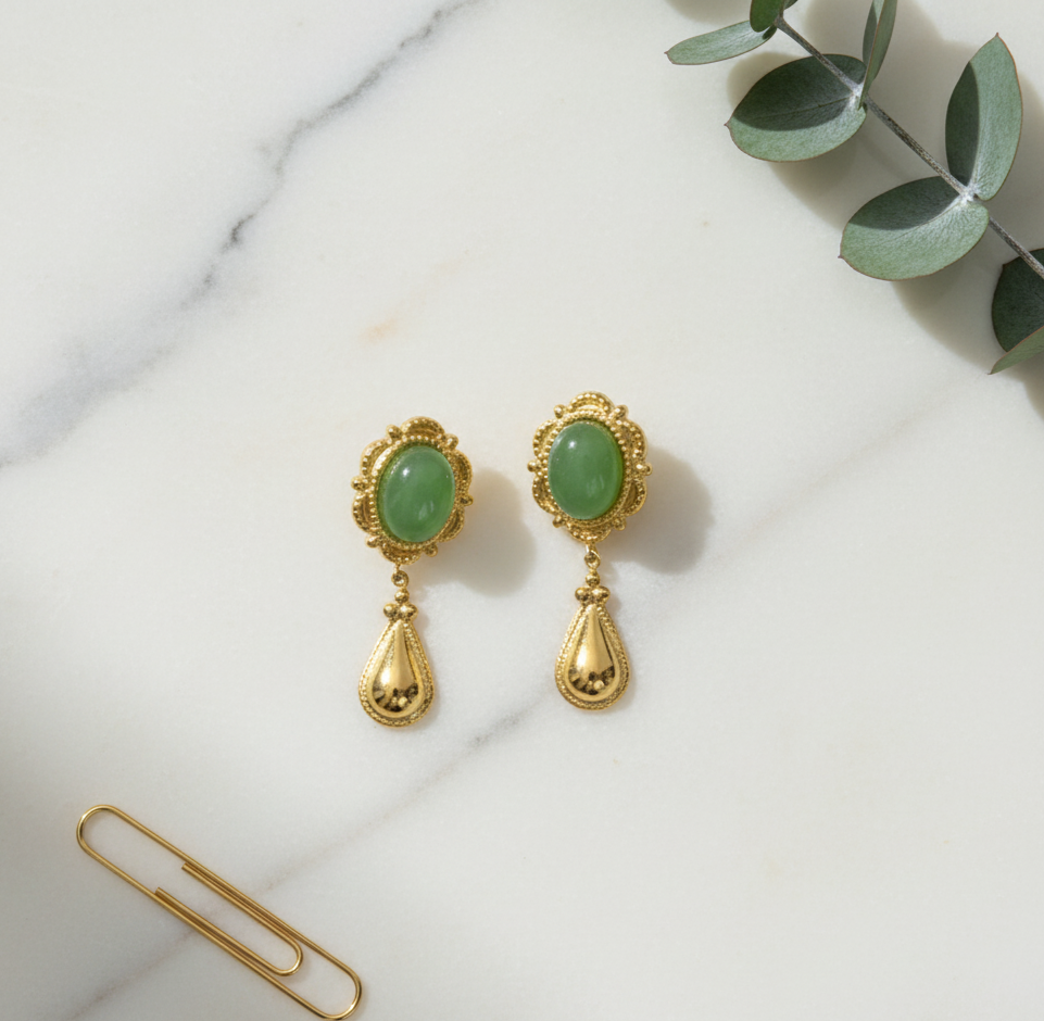 Green Stone Drop Earrings 18K Gold Plated Stainless Steel