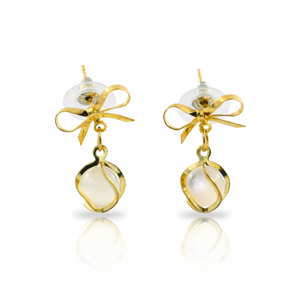 Gold Plated Bow Cat Eye Dangle Earrings