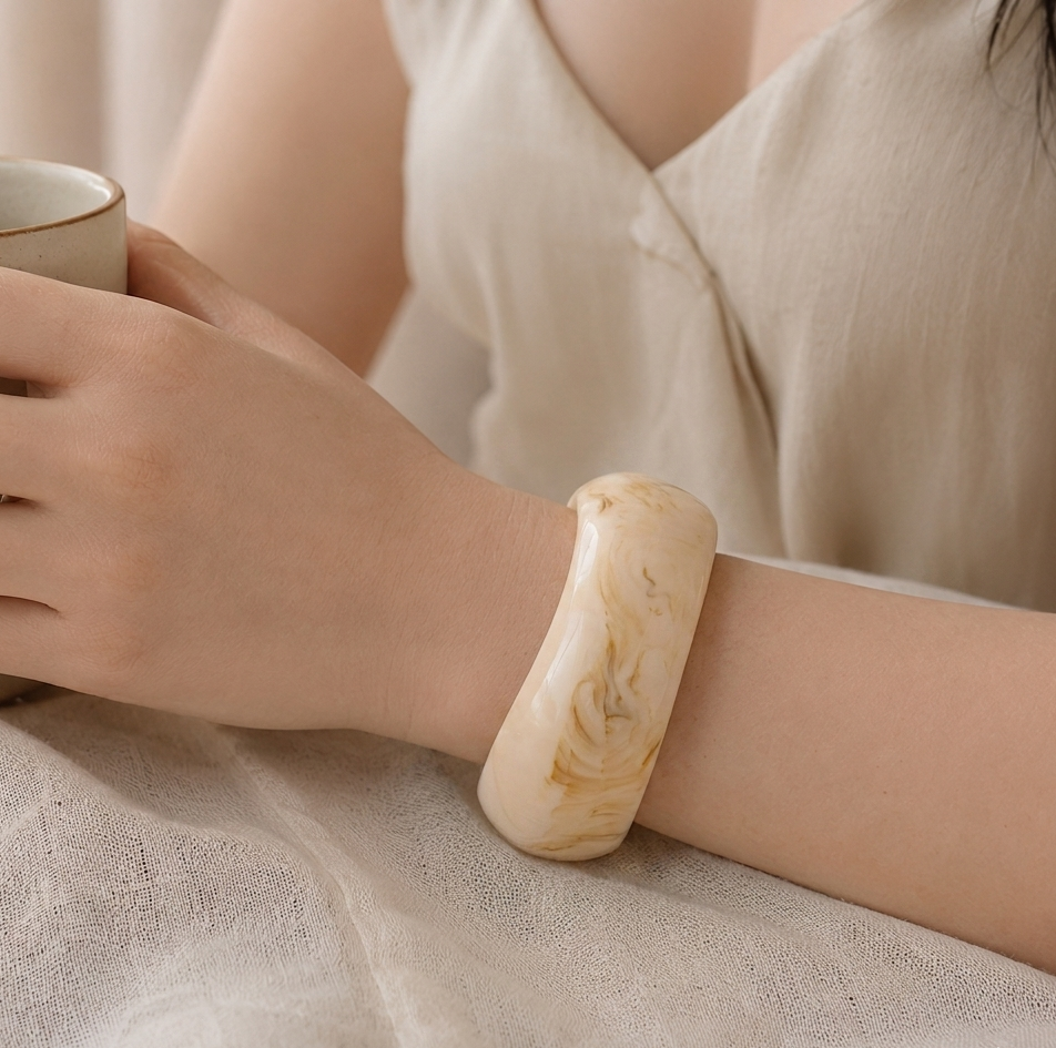 Cream Marbled Chunky Resin Bangle Bracelet for Women