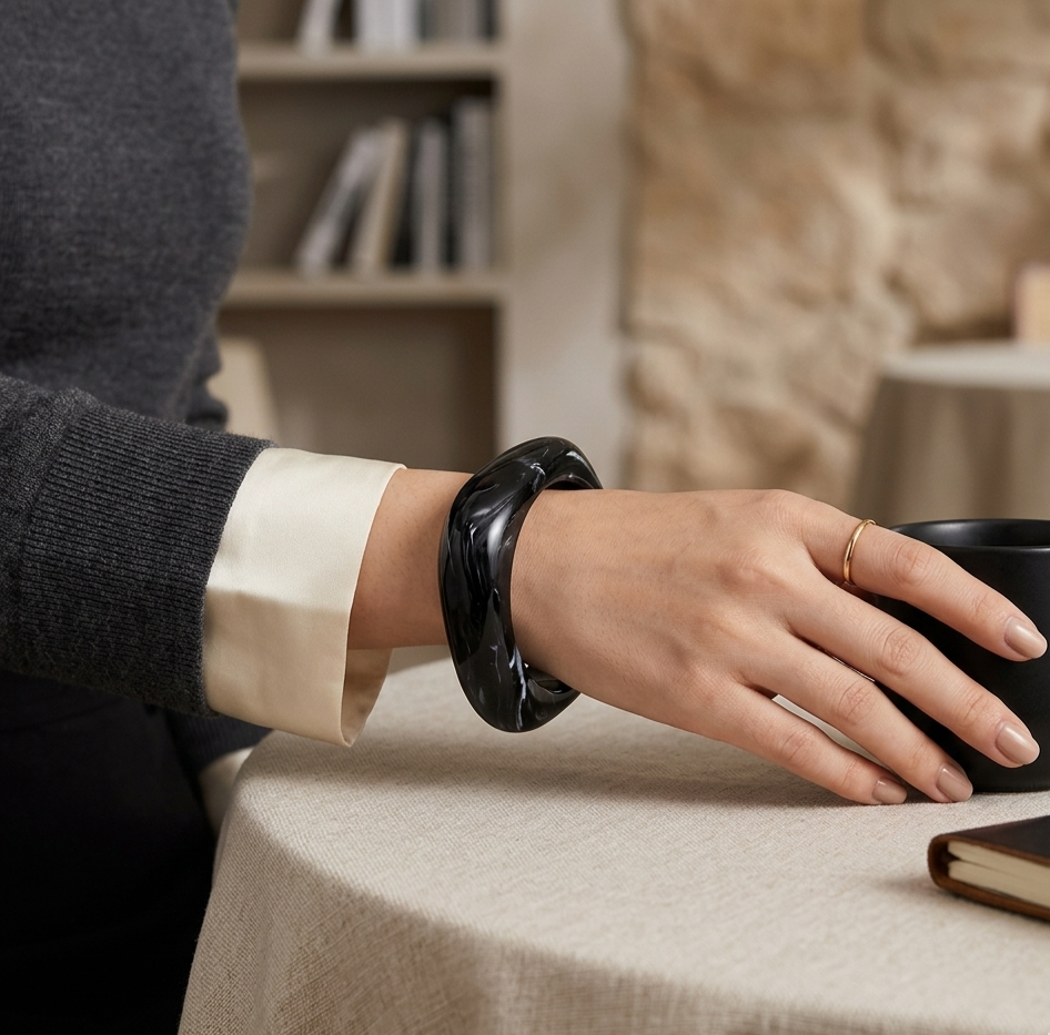 Black Marble Resin Square Bangle Bracelet for Women