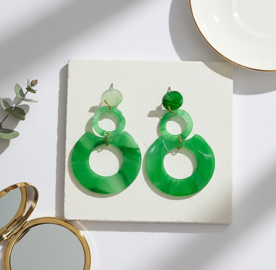 Green Abstract Resin Circle Drop Earrings Gold Tone Studs