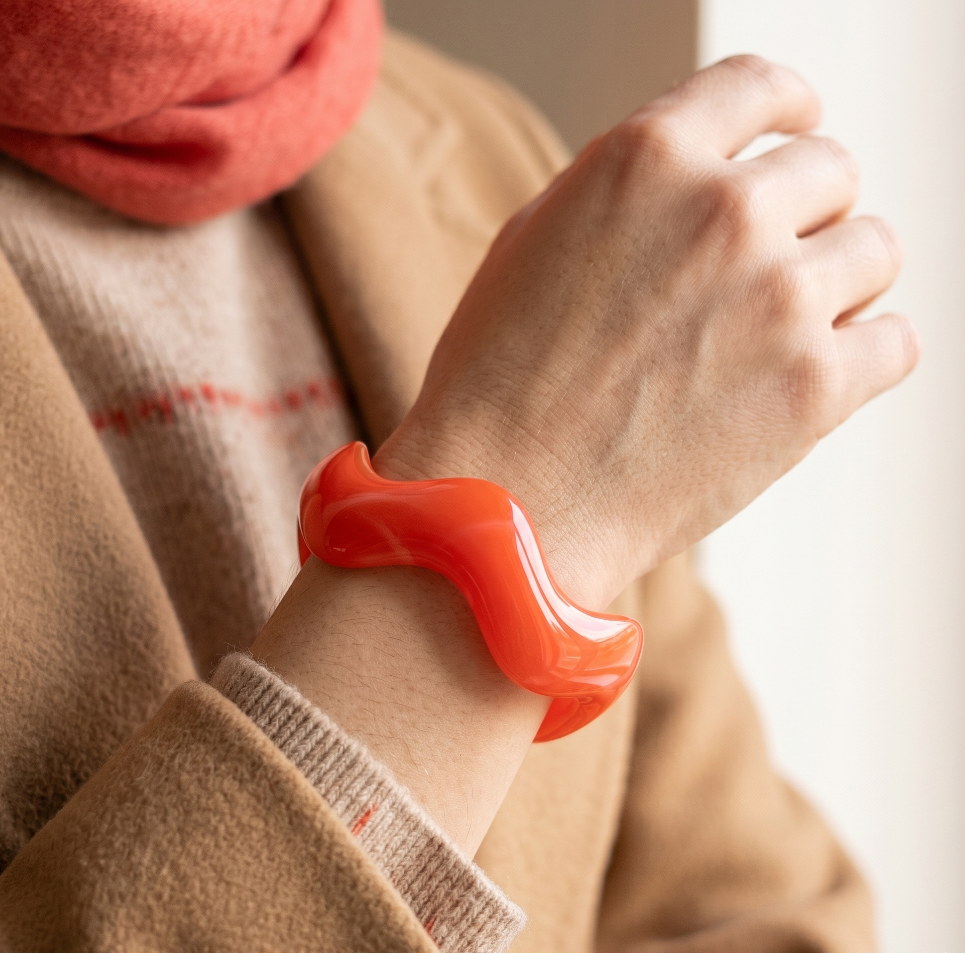Orange Irregular Wave Resin Open Cuff Bracelet for Women 