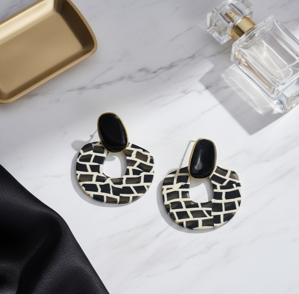 Black and Cream Acrylic Statement Drop Earrings Gold Tone Studs